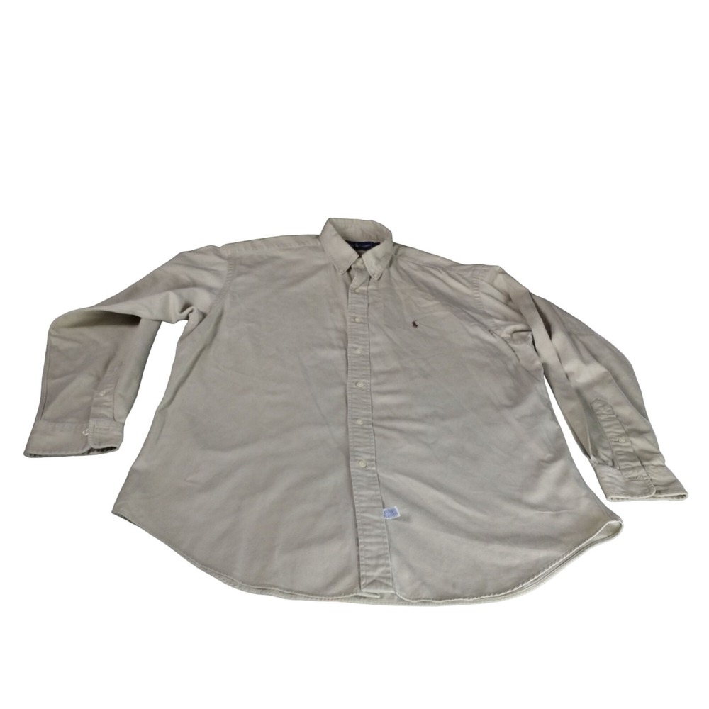 Polo Ralph Lauren Button Up Shirt Men Sz L Khaki Cotton Long Sleeve Workwear